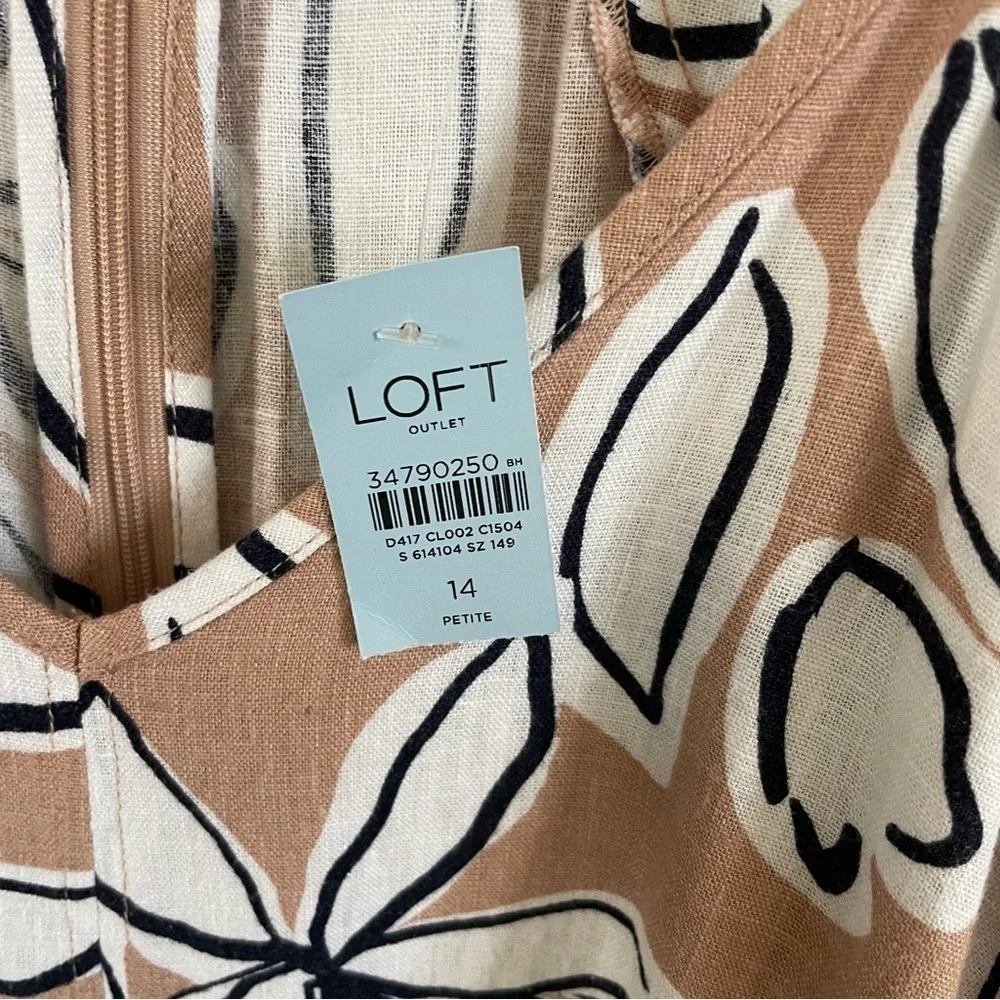 NWT Loft Outlet Linen Blend Floral Print Ivory Tan Navy Dress Size 14P